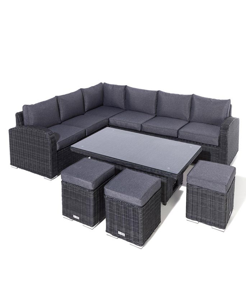 rattan garden furniture corner sofa set with rising table and 3 stools on a white cut out back ground