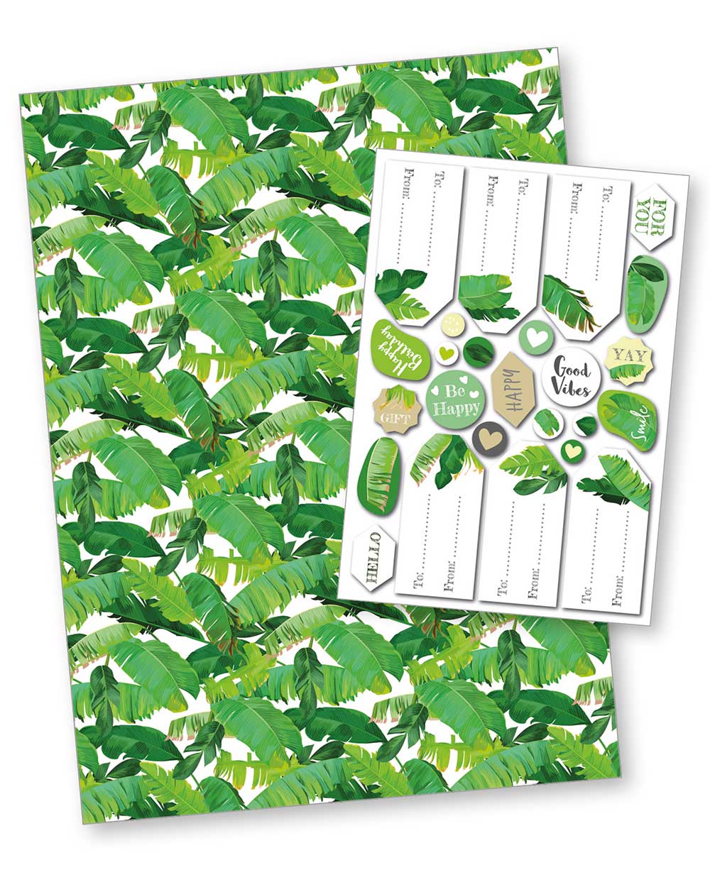 gift wrapping paper set tropical leaf recyclable UK tags friends birthday occasions