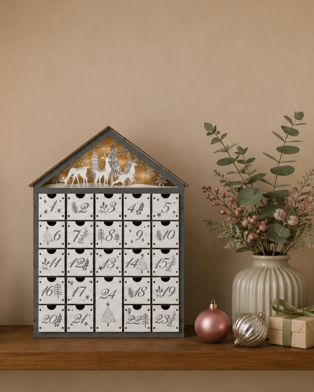 Wooden Advent Calendar LED Light Up Forest Scene Grey