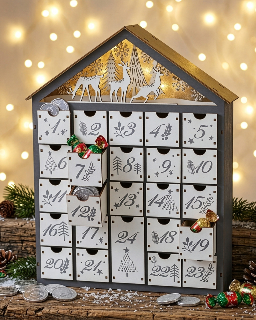 Wooden Advent Calendar LED Light Up Forest Scene Grey