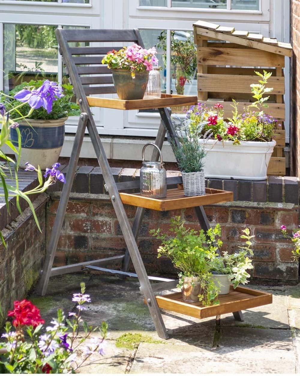 Alderley Hardwood Plant Ladder 3 Tier Stand Large Grey Rowlinson