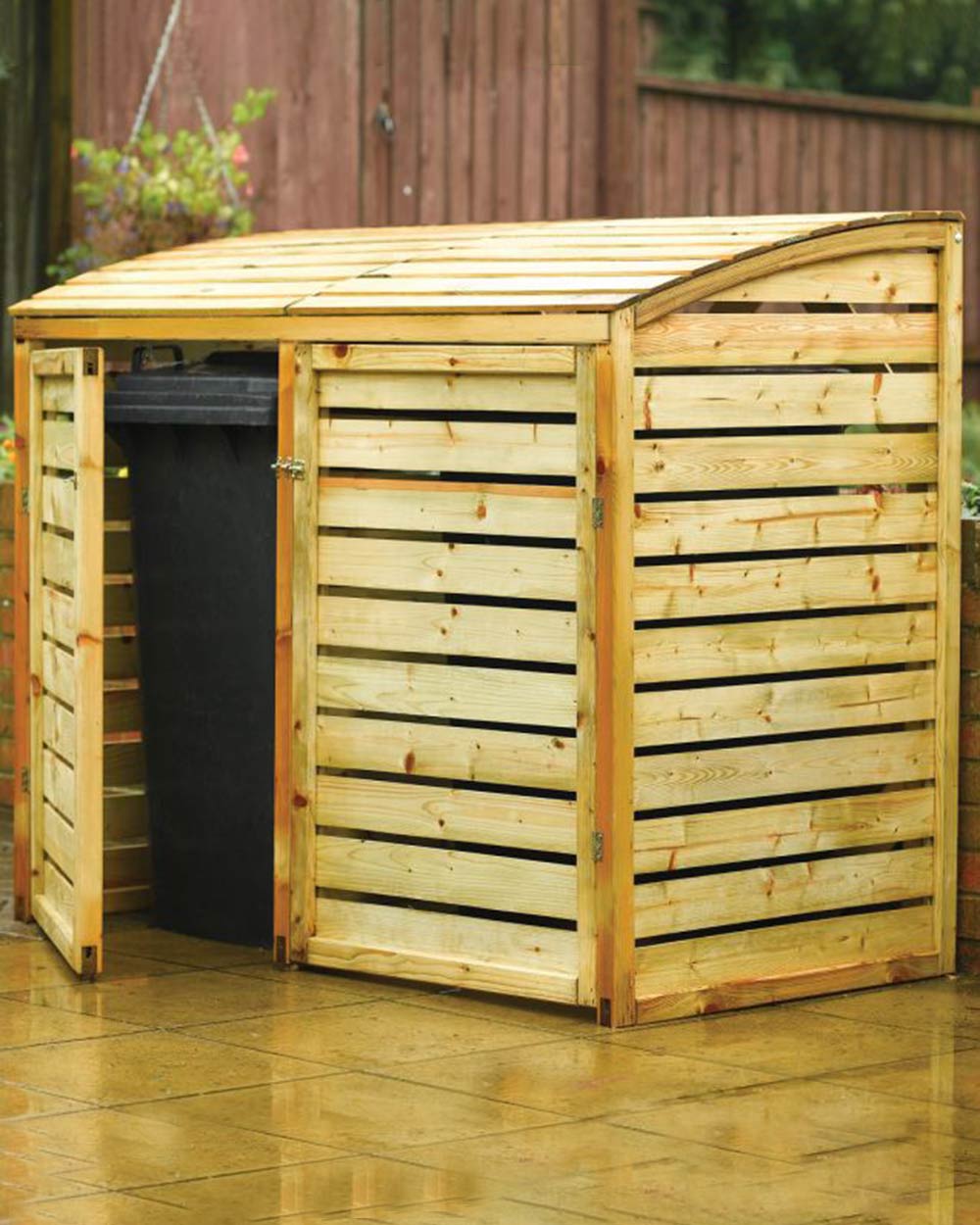 double wheelie bin store storage wooden sliding lock photo on a patio in someone's garden