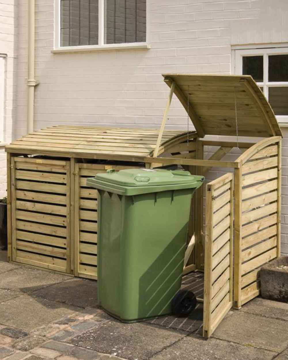 triple wheelie bin storage shed displayed outside someone's home with a bin outside and door and lid lifted
