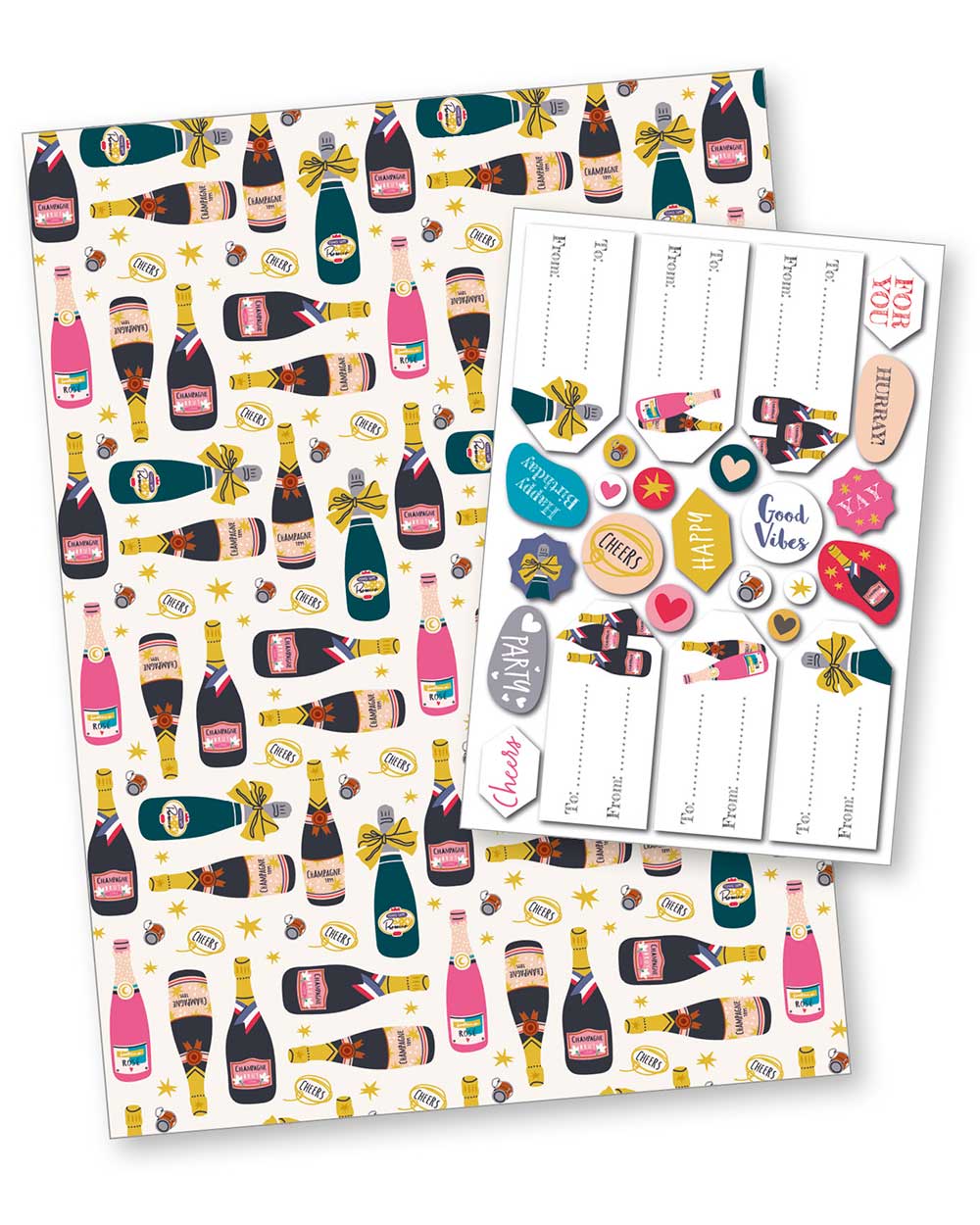 Celebration plastic free wrapping paper gift set with champagne bottles