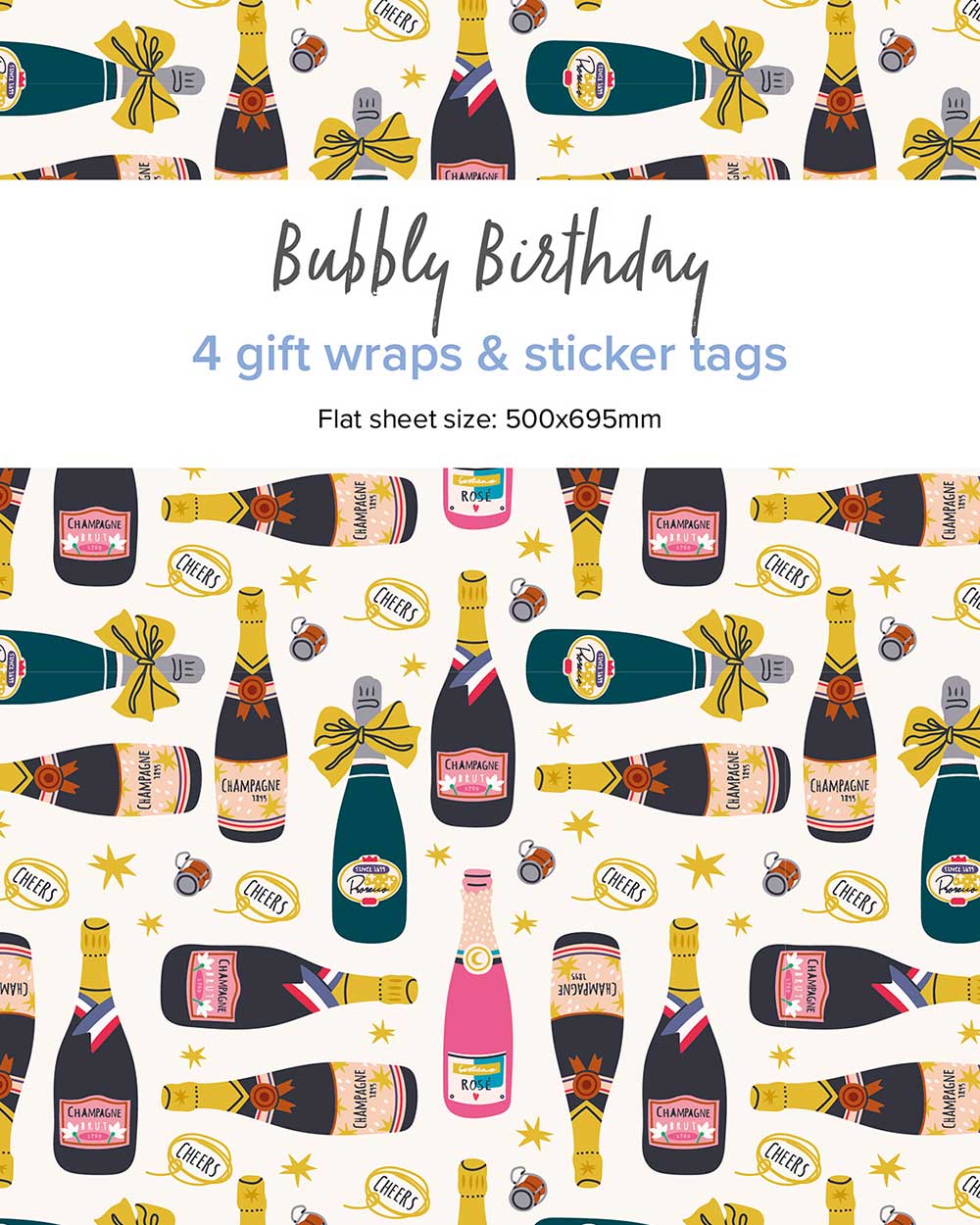 Celebration plastic free wrapping paper gift set with champagne bottles
