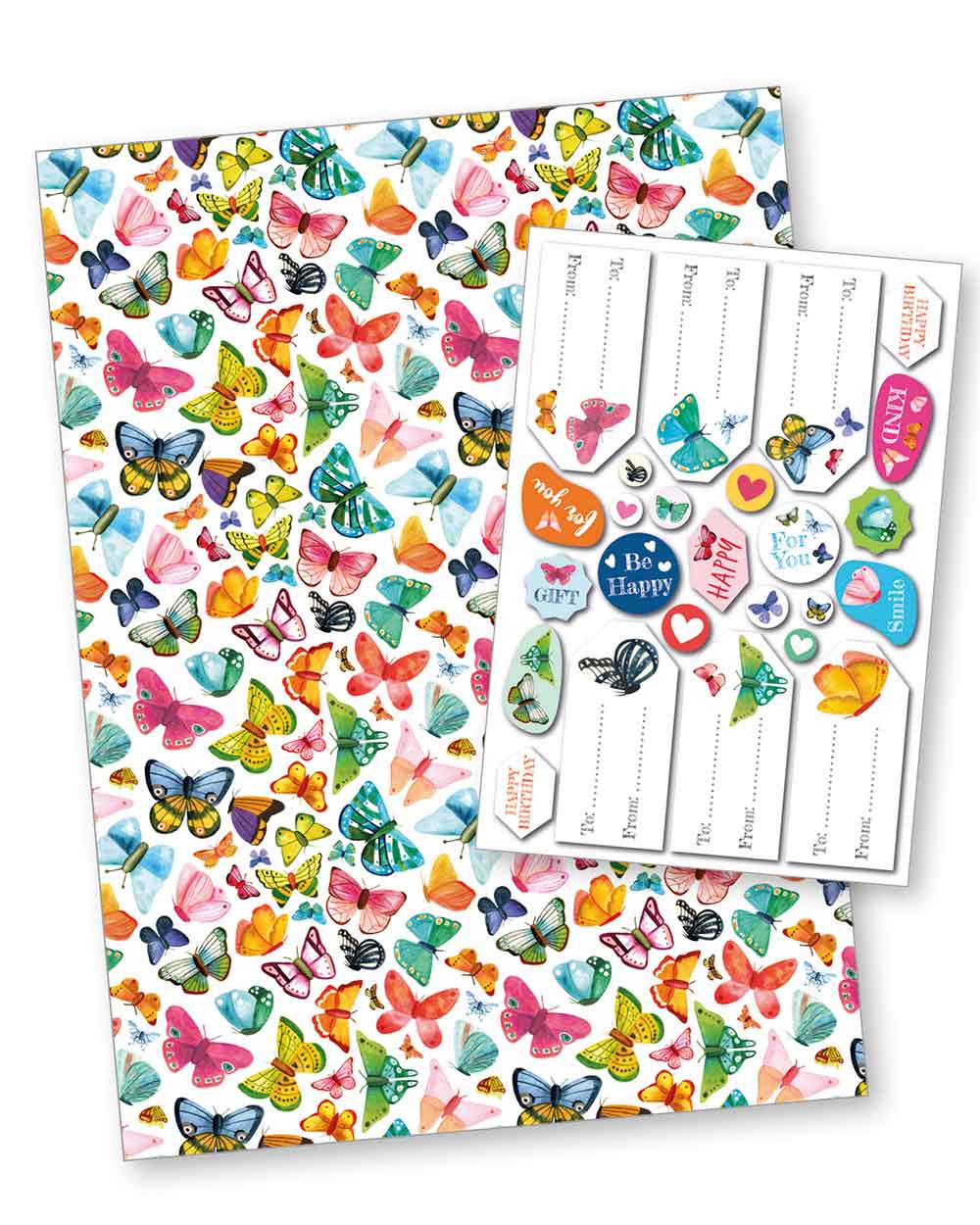 Butterfly wrapping paper set colourful plastic free with tags