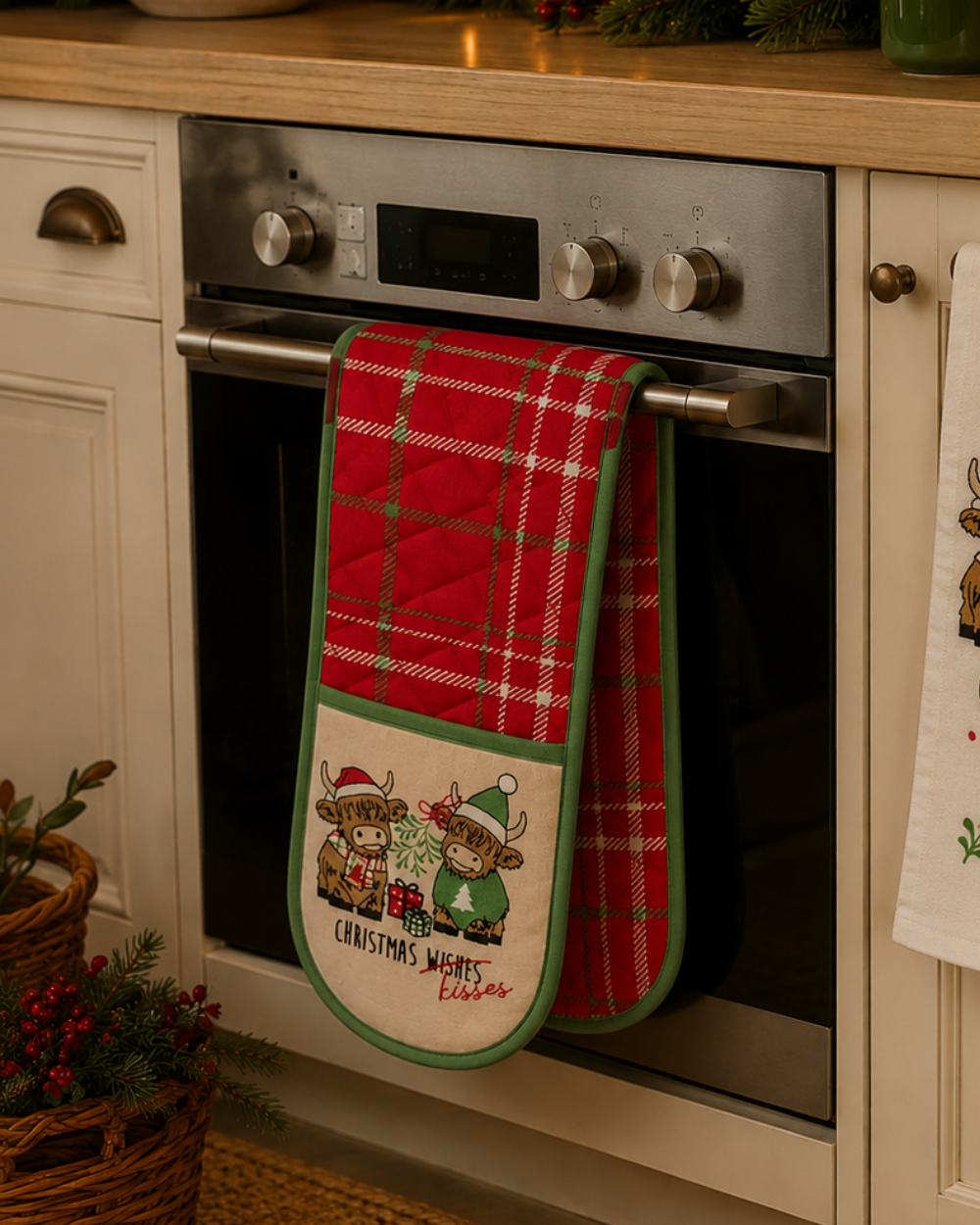 Christmas Kisses Highland Cow Double Oven Glove