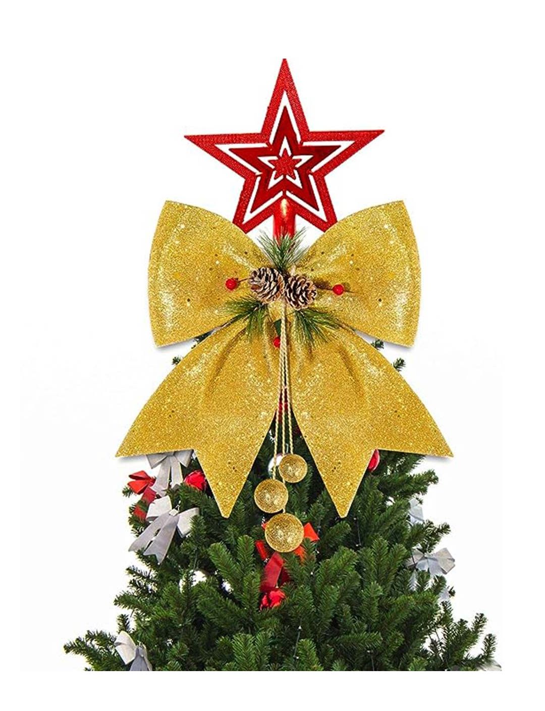 Large Gold Glitter Christmas Bows 4 Pack on a tree