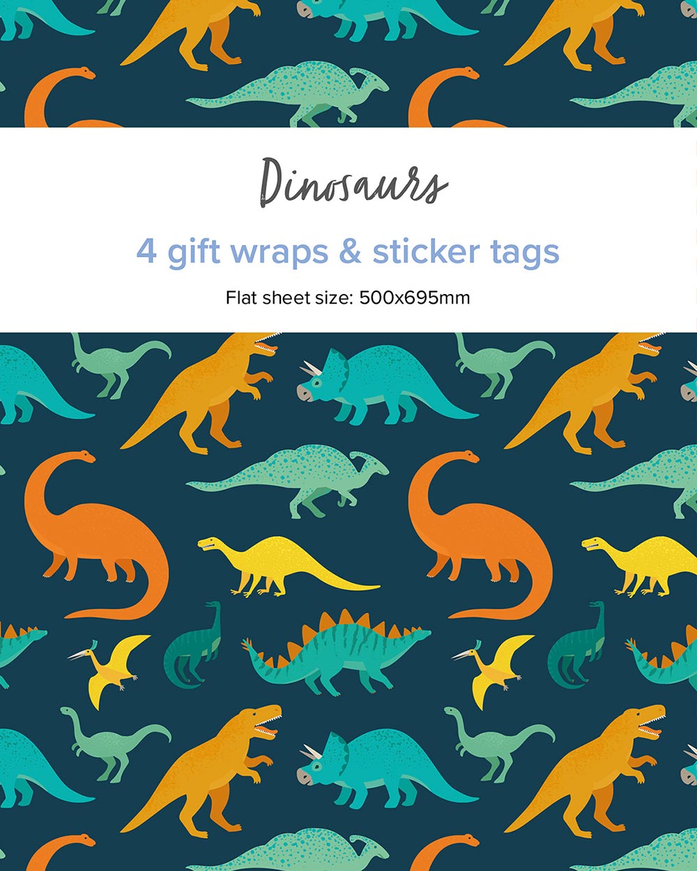 gift wrapping paper set dinosaurs tags recyclable paper