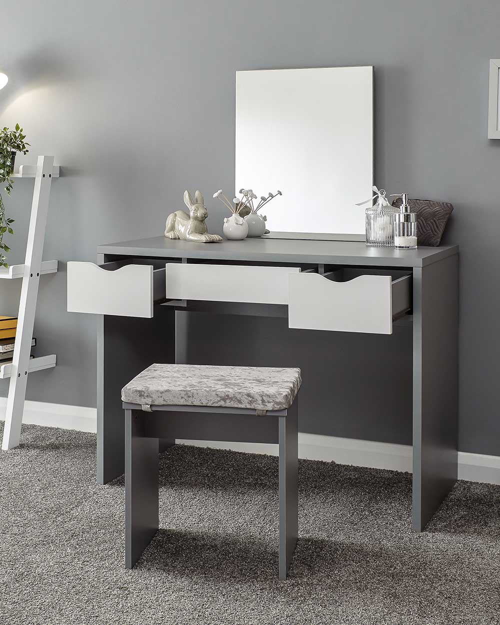 Lifestyle image of the dressing table set in a bedroom with the drawers open