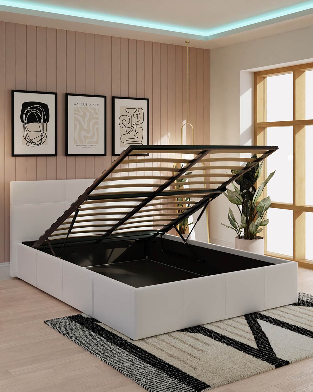small double bed lift ottoman lifestyle image of it lifted up in a bedroom