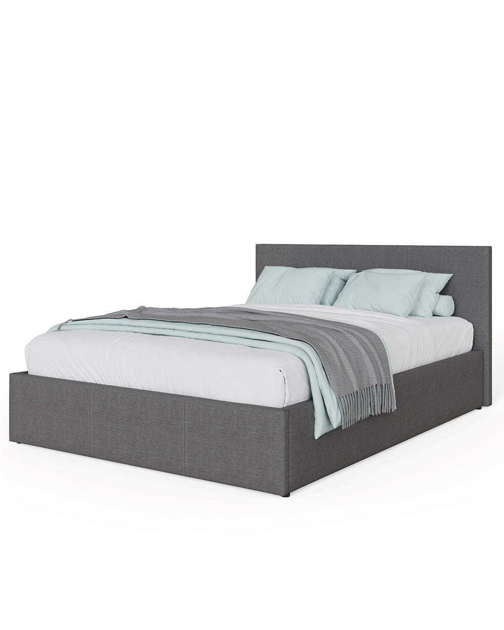 end lift ottoman double bed frame upholstered in hopsack grey fabric modern in a lifestyle setting on a cut out white background