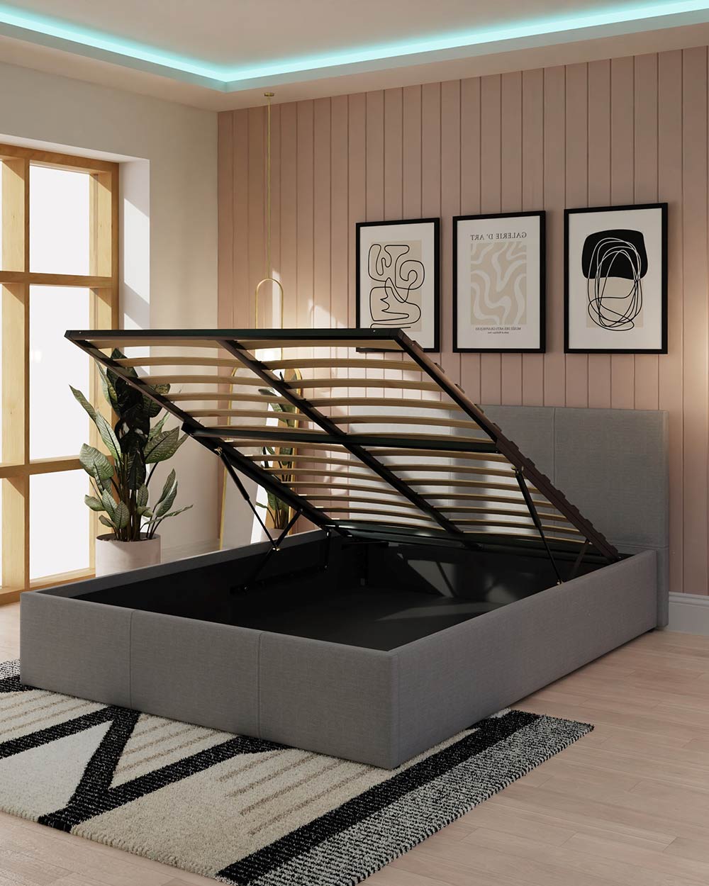 end lift ottoman double bed frame upholstered in hopsack grey fabric modern in a lifestyle setting of a bedroom lifted up