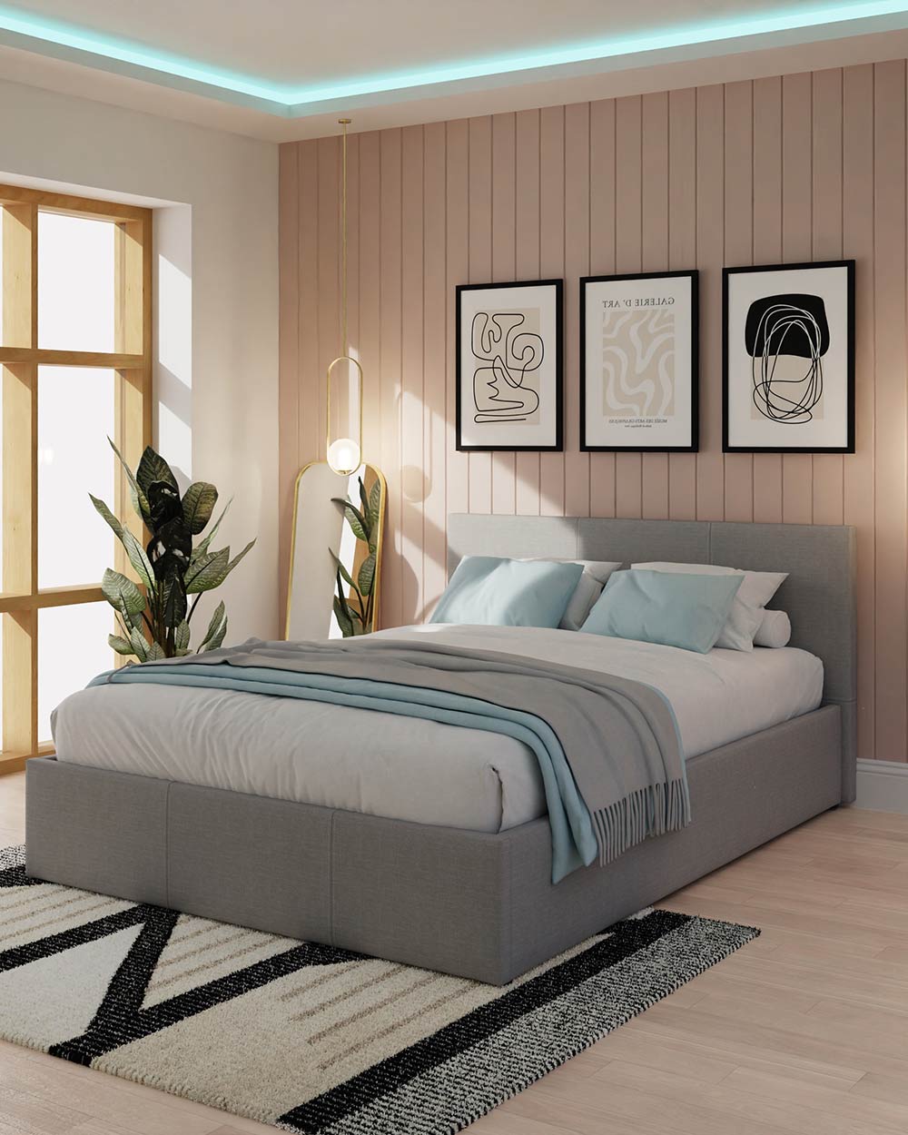 end lift ottoman double bed frame upholstered in hopsack grey fabric modern in a lifestyle setting of a bedroom