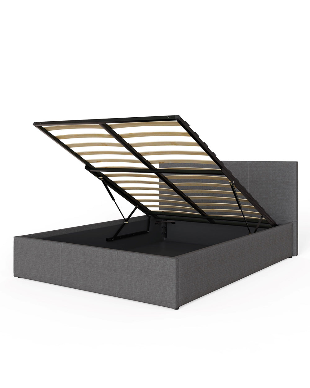 end lift ottoman double bed frame upholstered in hopsack grey fabric modern in a lifestyle setting on a cut out white background lifted up