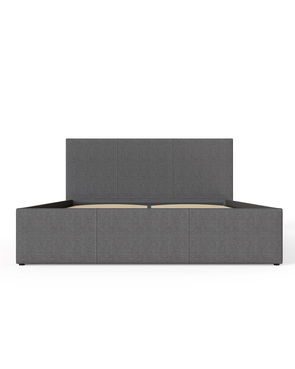 end lift ottoman double bed frame upholstered in hopsack grey fabric modern in a lifestyle setting on a cut out white background