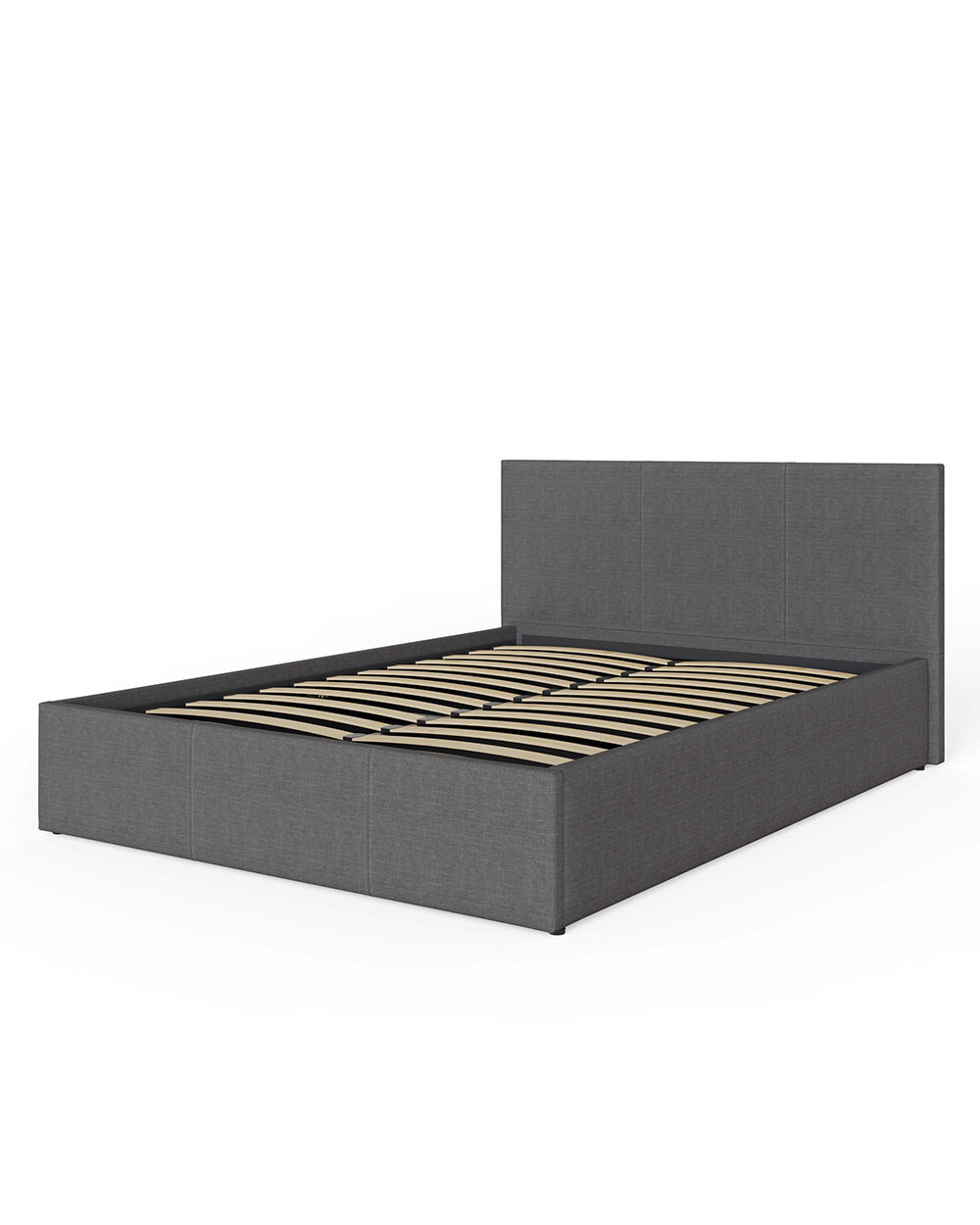 end lift ottoman double bed frame upholstered in hopsack grey fabric modern in a lifestyle setting on a cut out white background