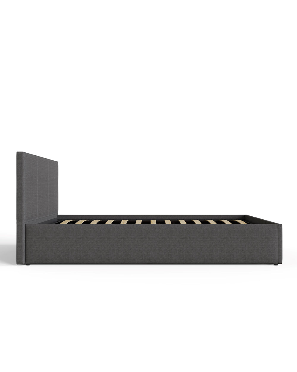 end lift ottoman double bed frame upholstered in hopsack grey fabric modern in a lifestyle setting on a cut out white background
