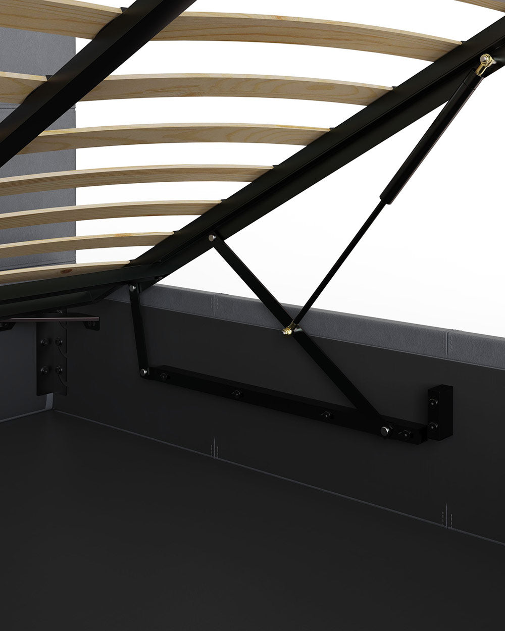 end lift ottoman bed lifestyle image in a bedroom setting with the ottoman lifted up close up mechanism