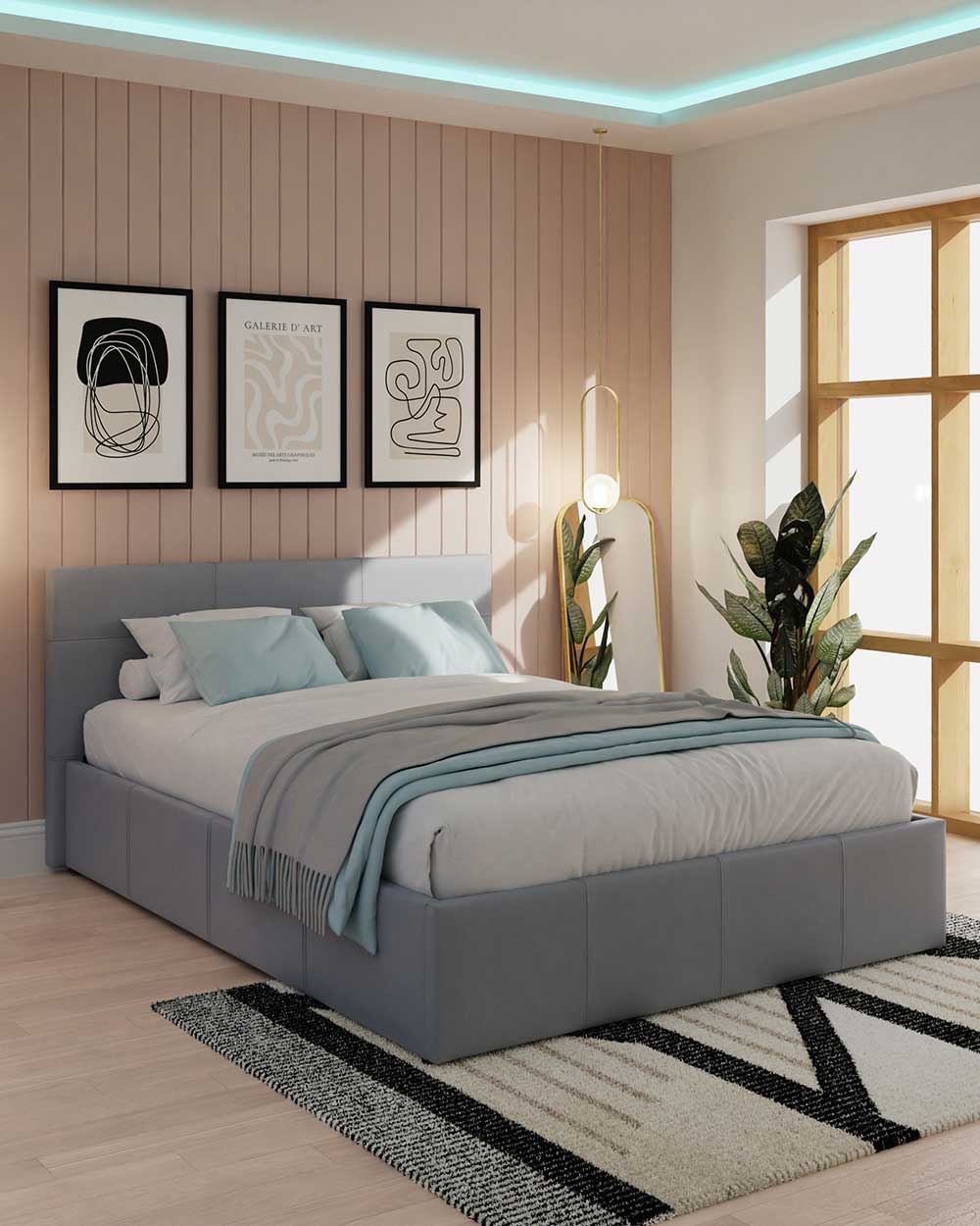 end lift ottoman bed lifestyle image in a bedroom setting all made up