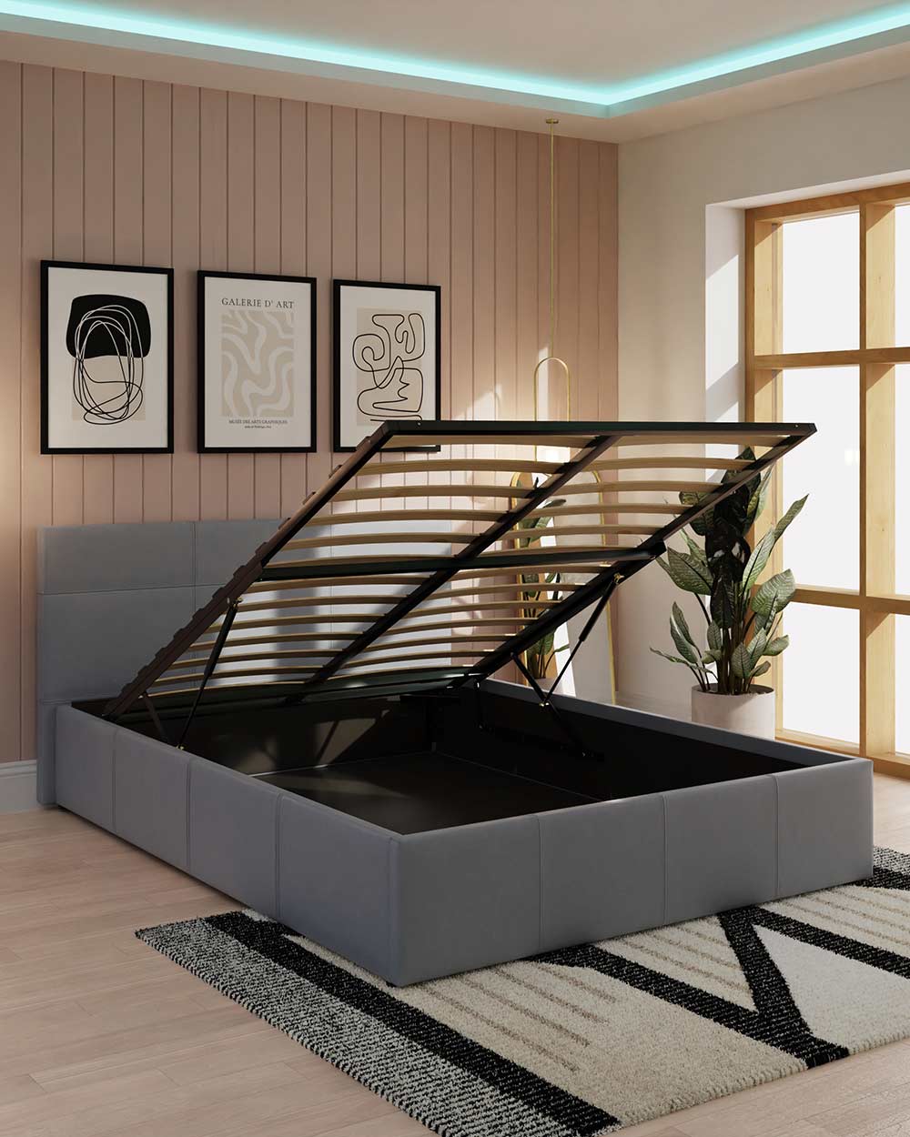end lift ottoman bed lifestyle image in a bedroom setting with the ottoman lifted up