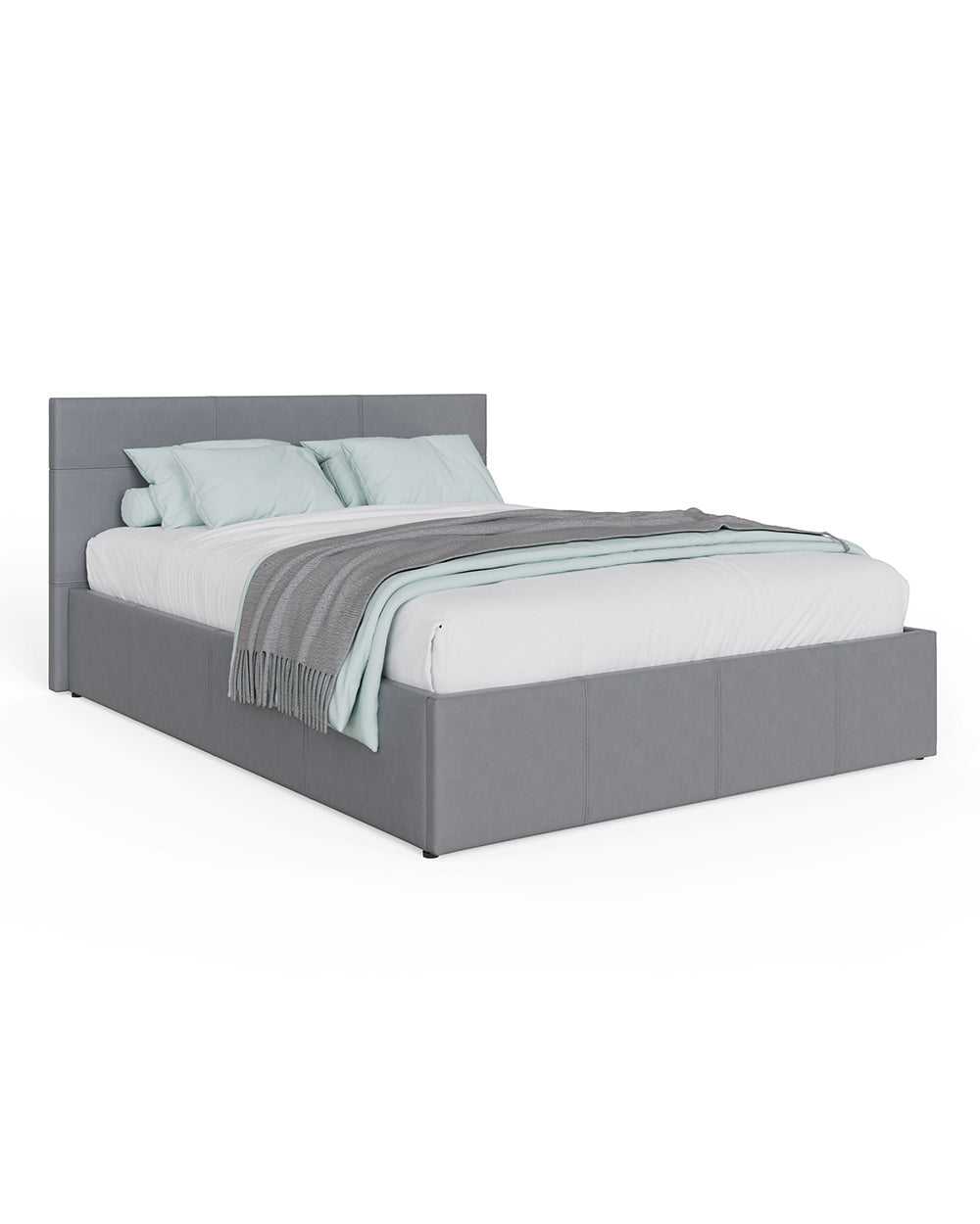 Bed made up on a white plain background