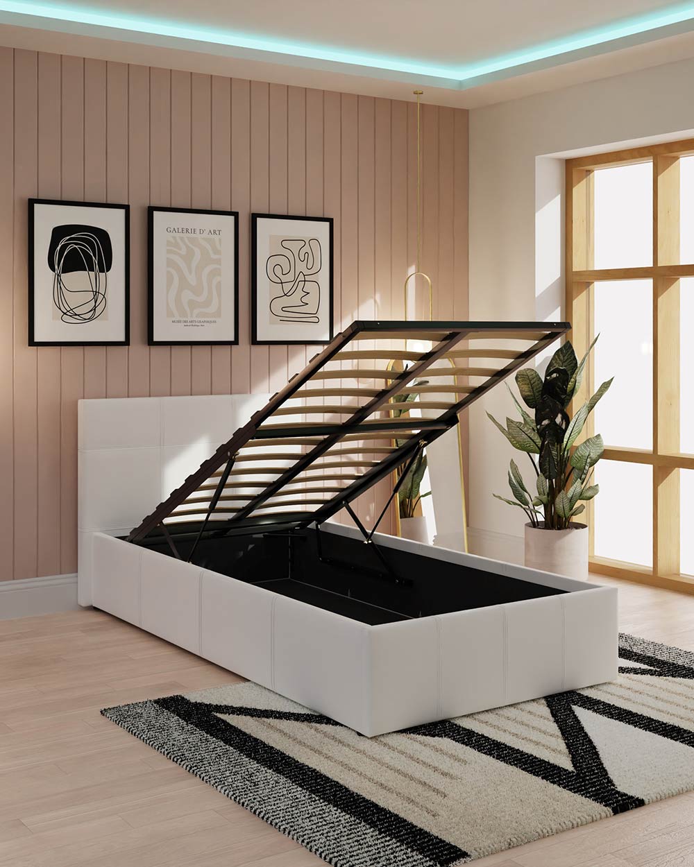 End Lift Ottoman Single Bed White Faux Leather 90cm