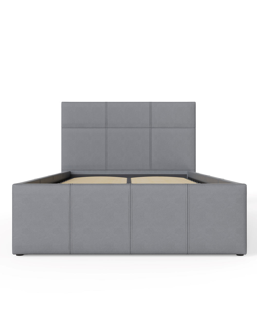 End of lift ottoman single bed faux leather grey full frontal view on a white backgrounf