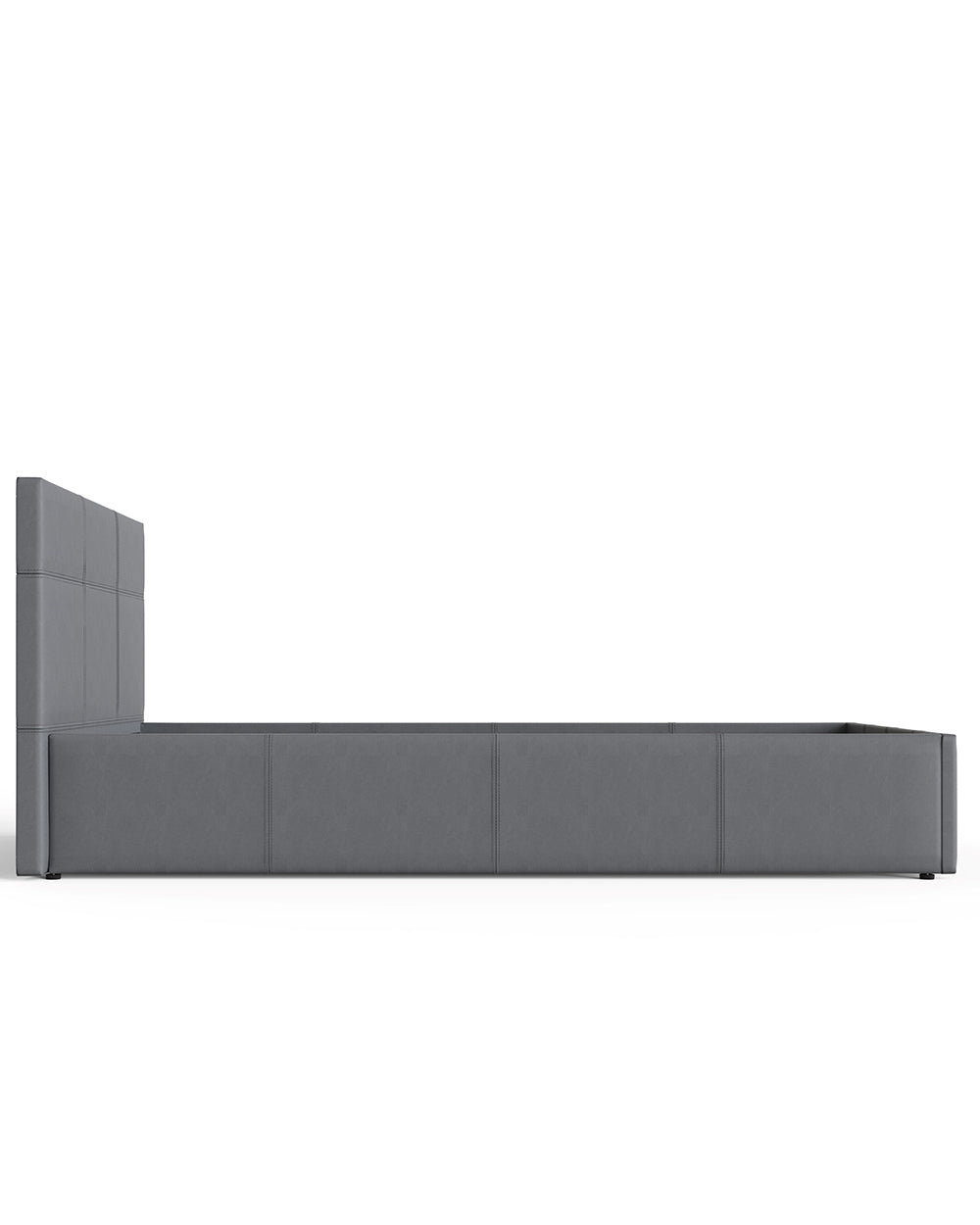 Side view of the end of lift ottoman faux leather grey