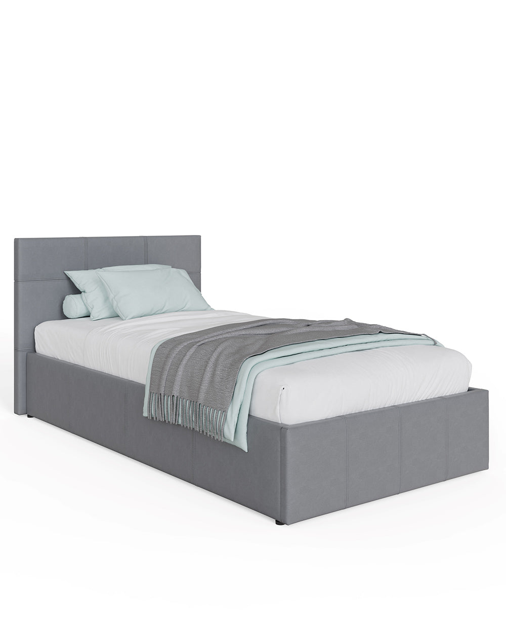 End of lift ottoman single bed faux leather grey bed made up on a white background