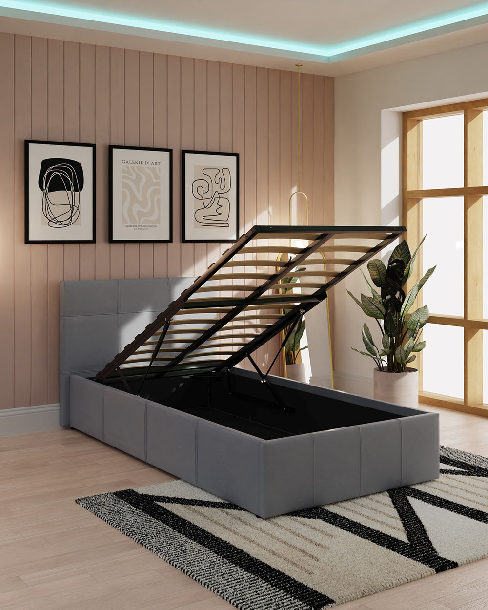 End of lift ottoman single bed faux leather grey lifestyle image in a bedroom