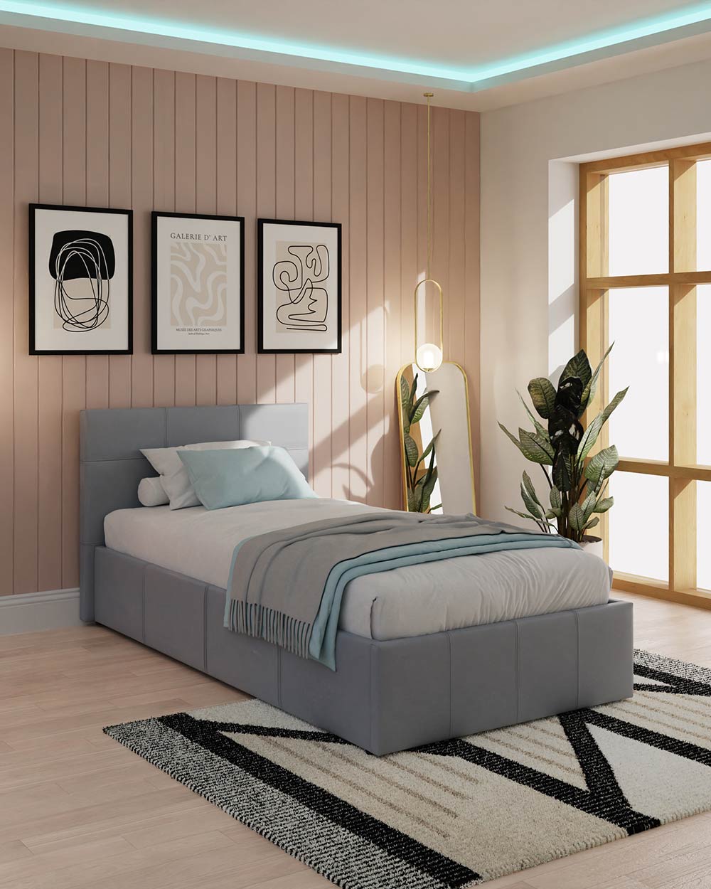 End of lift ottoman single bed faux leather grey lifestyle image in a bedroom