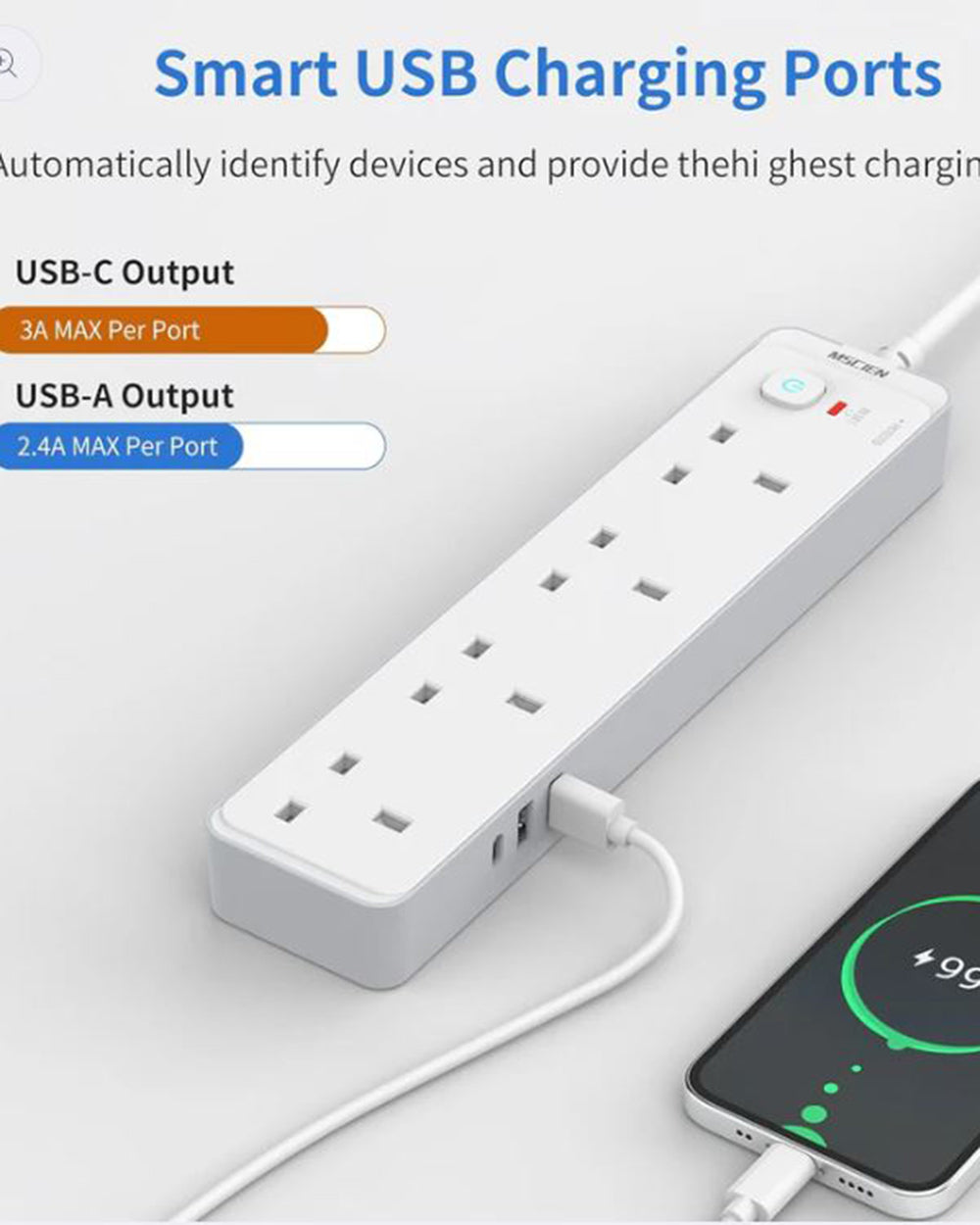 Mscien 5M Extension Lead with 3 USB Slots(3.4A, 1 USB C, 2 USB A), 4 Way