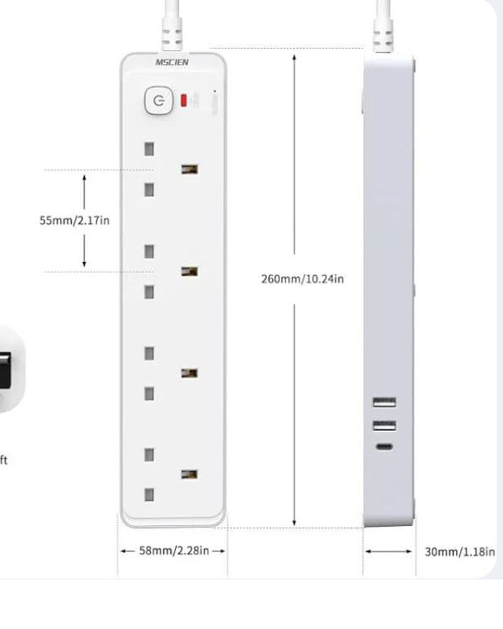 Mscien 5M Extension Lead with 3 USB Slots(3.4A, 1 USB C, 2 USB A), 4 Way
