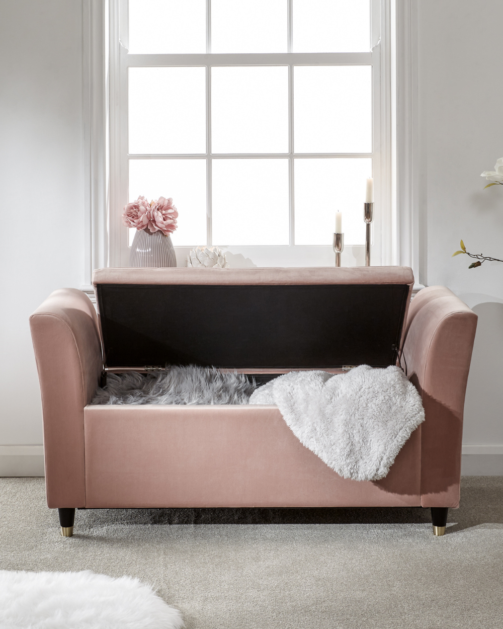 Storage Bench Window Seat, Pink Velour