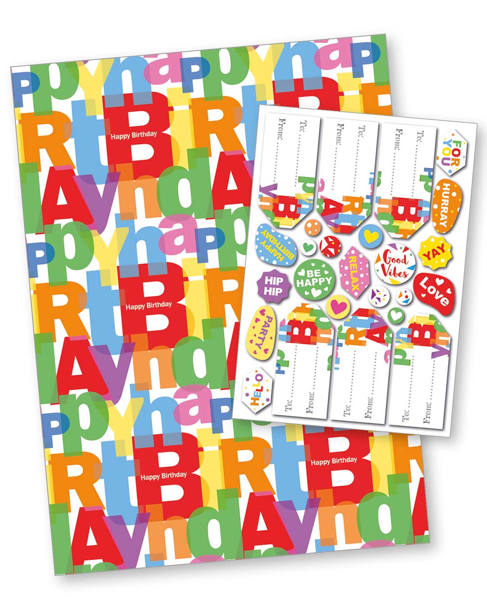 Happy birthday wrapping paper set with tags, colourful for any gender. Plastic free and recyclable