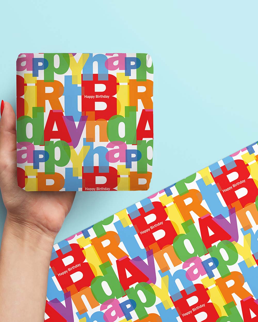 Happy birthday wrapping paper set with tags, colourful for any gender. Photo of presents wrapped