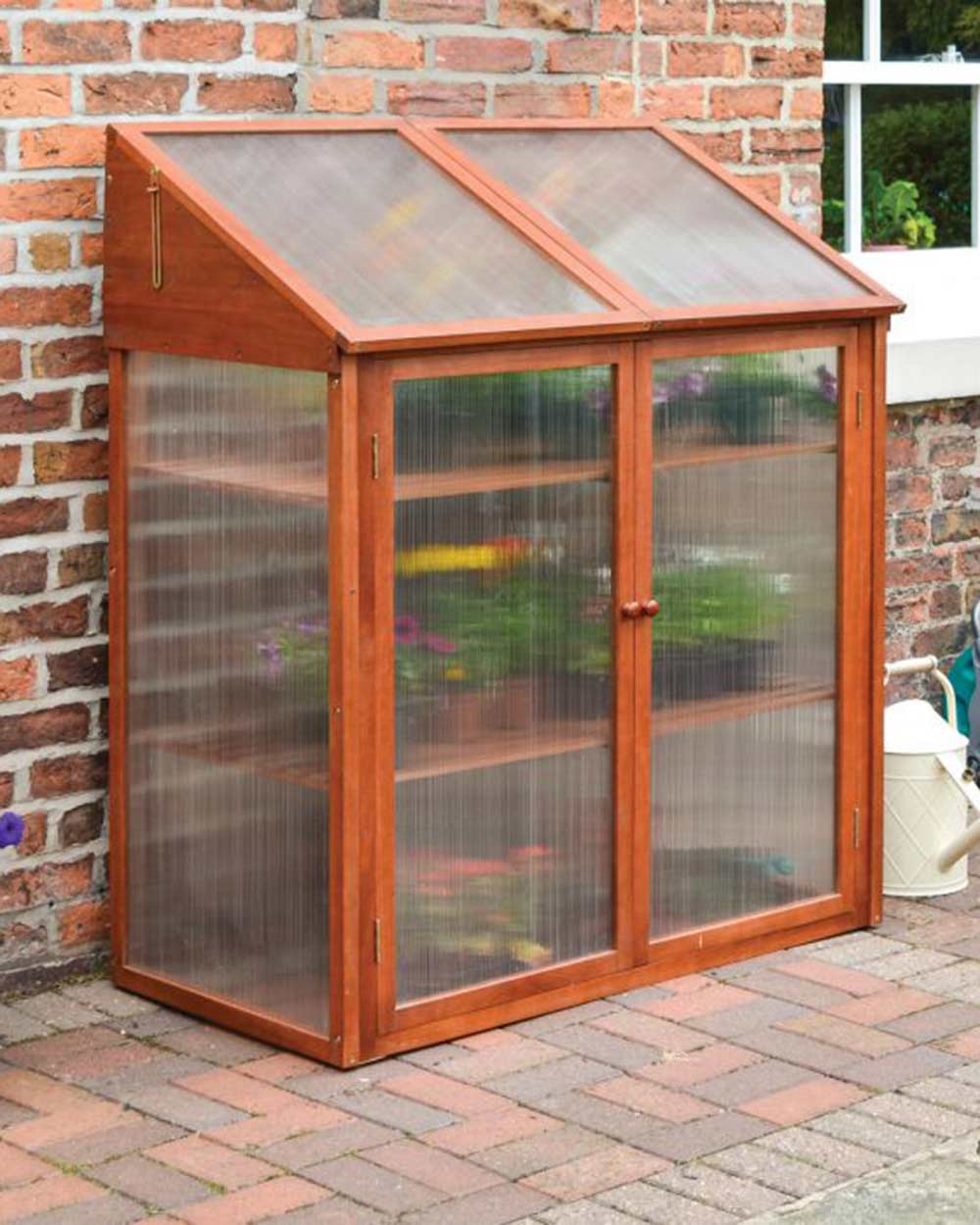 Small Wooden Greenhouse Hardwood Mini Rowlinson in a garden with the doors closed with the plants inside