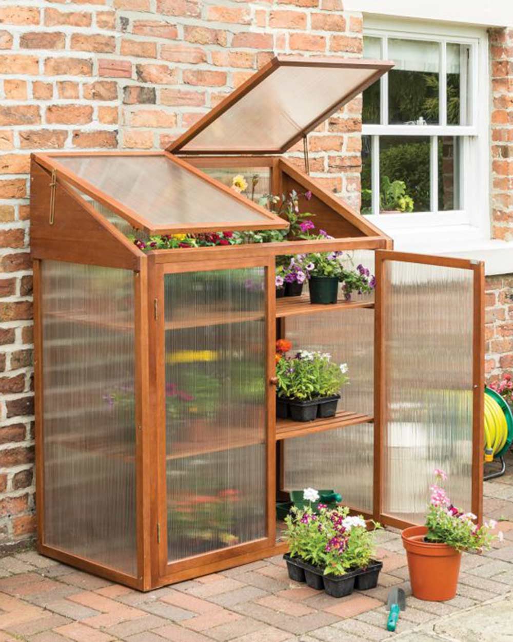 Small Wooden Greenhouse Hardwood Mini Rowlinson in a garden with the doors open displaying the plants inside