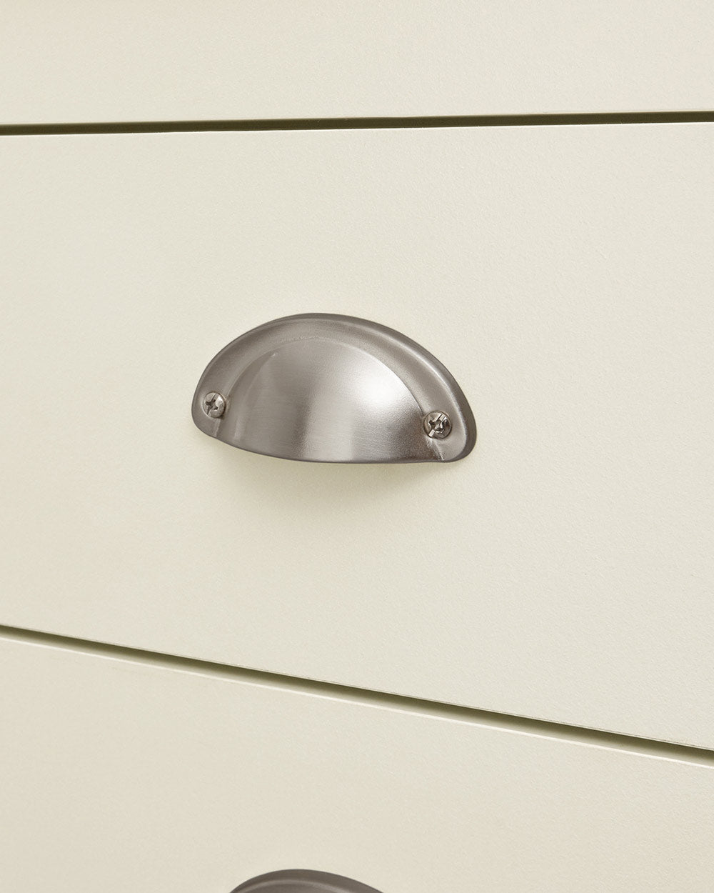 lancaster shoe storage cabinet in cream in a lifestyle setting close up of the brushed silver handles