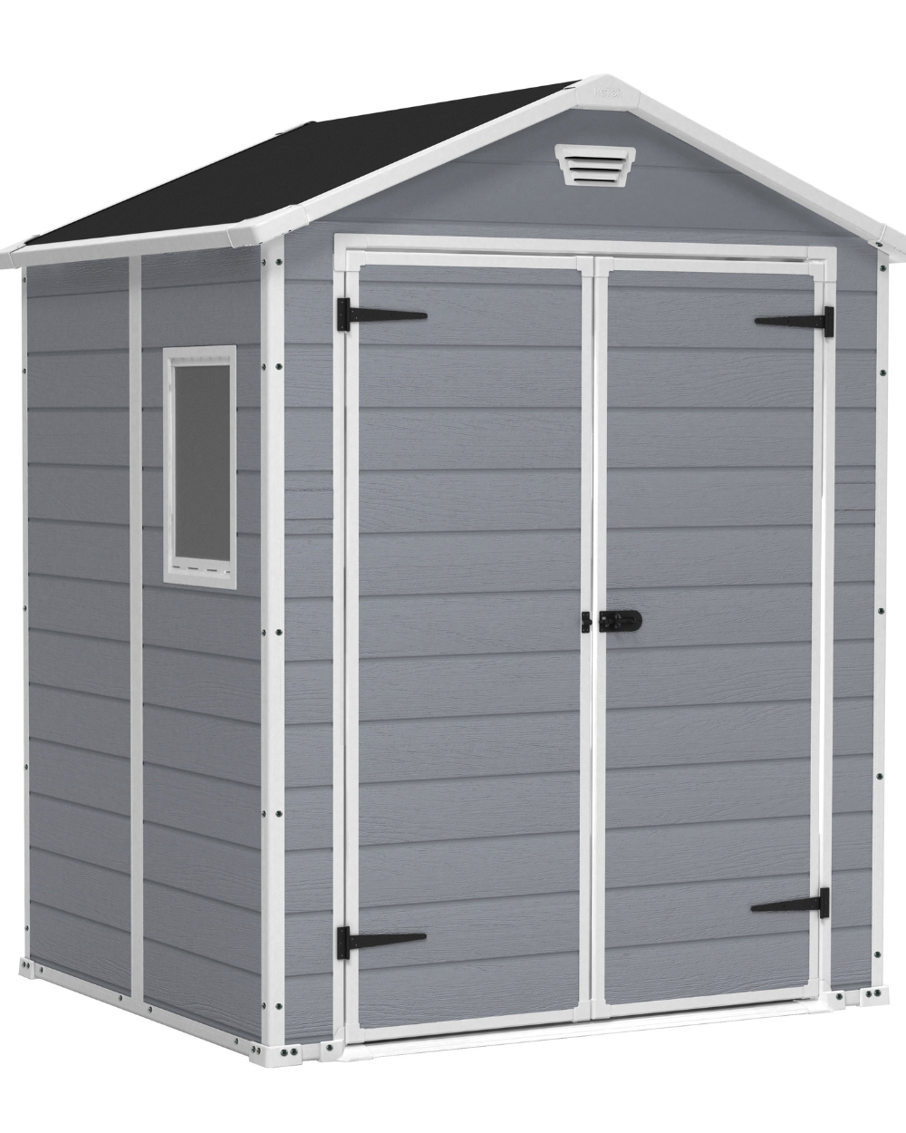 MANOR 6x5 GREY Shed Gray storage shed with a black roof on a white background