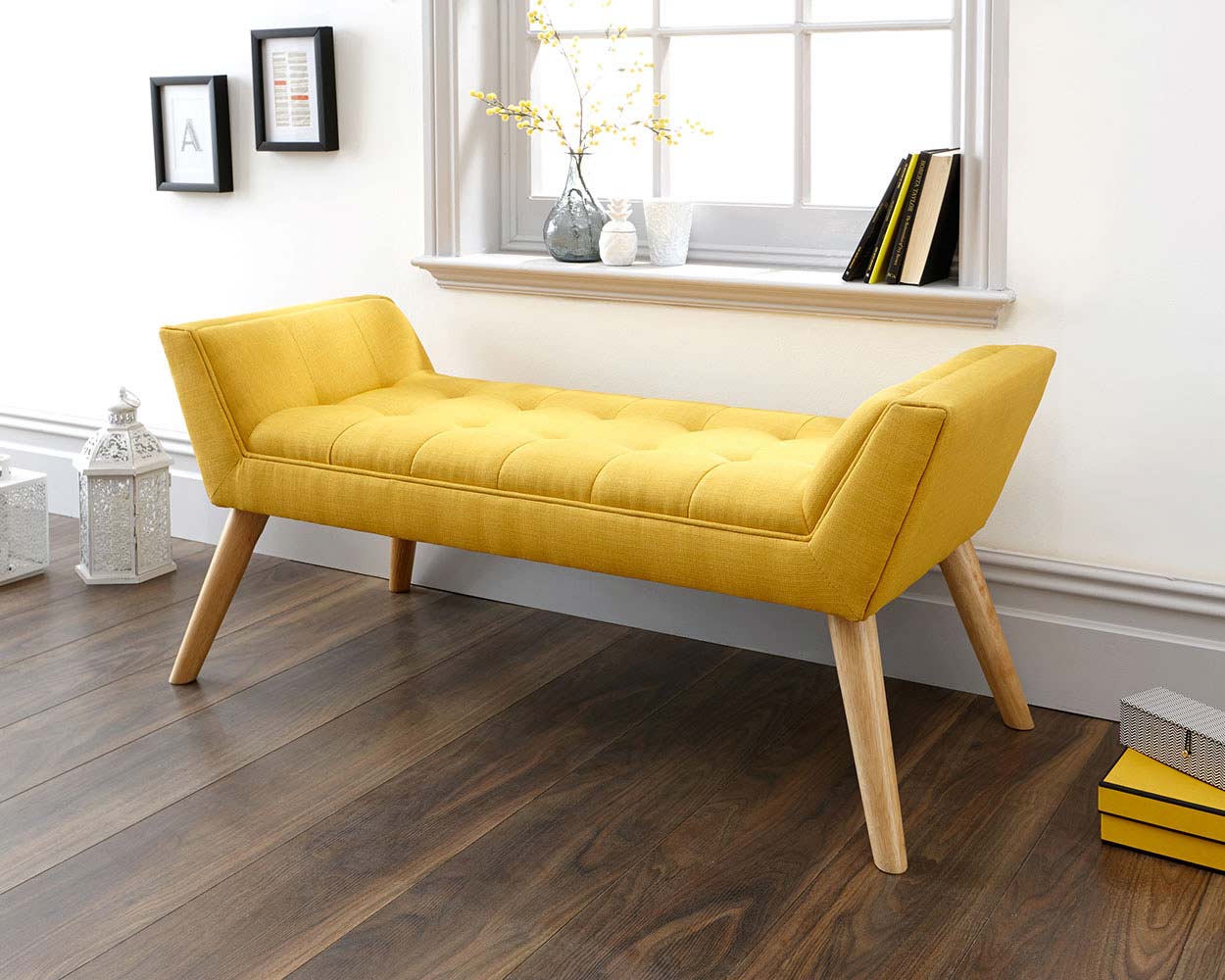 Milan Fabric Upholstered Bench, Mustard Yellow