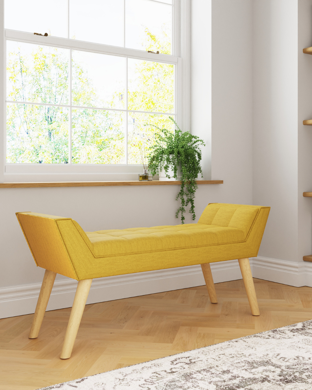 Milan Fabric Upholstered Bench, Mustard Yellow