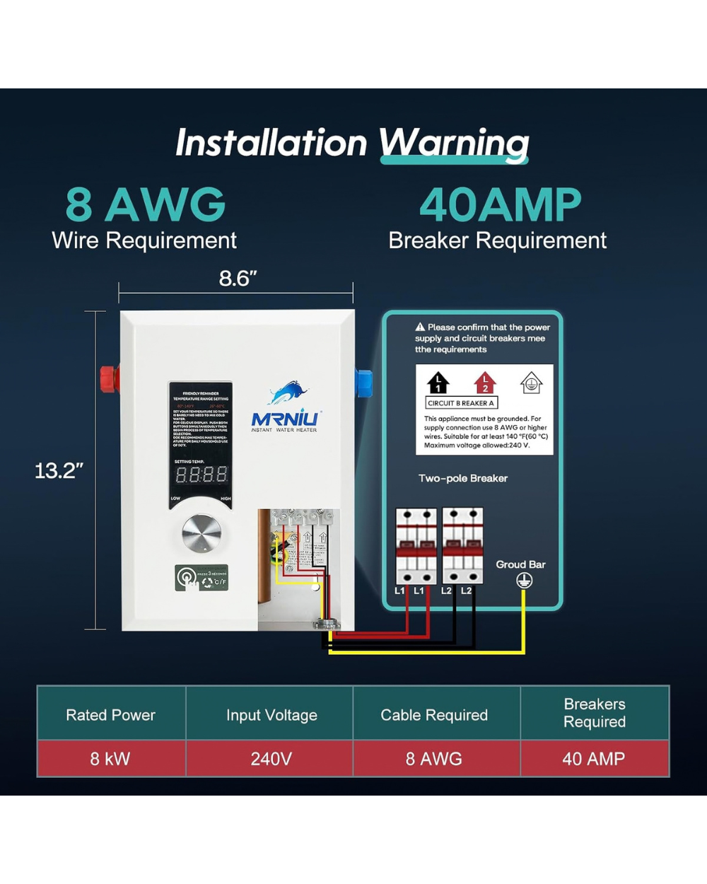 Electric Tankless Water Heater Mrniu 8kW