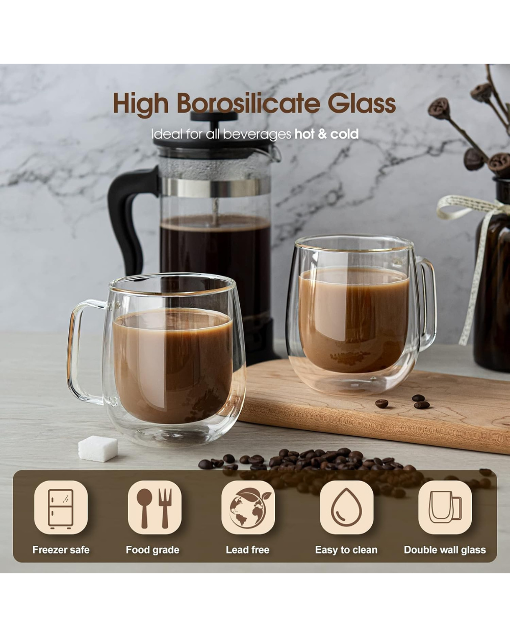 Niohouse Double Walled Glass Coffee Mugs Set of 2