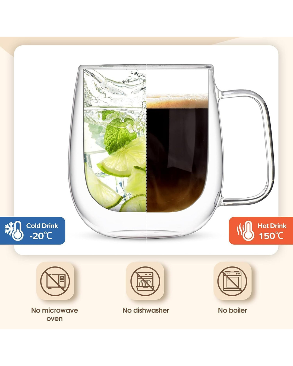 Niohouse Double Walled Glass Coffee Mugs Set of 2