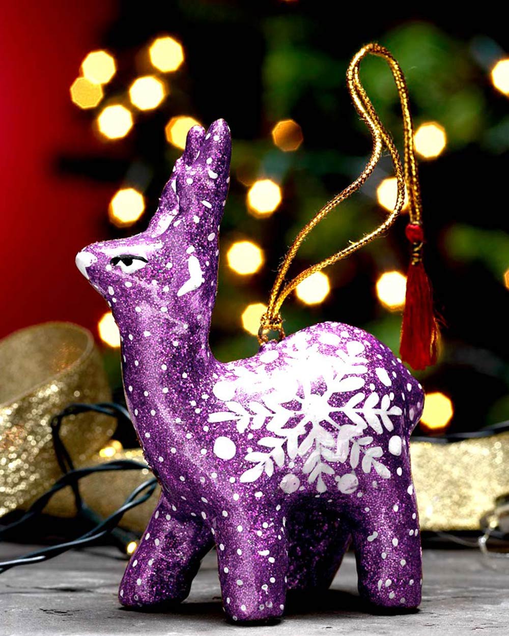 Handmade Reindeer Christmas Decoration Purple hand crafted in India, fair trade and bio degradable