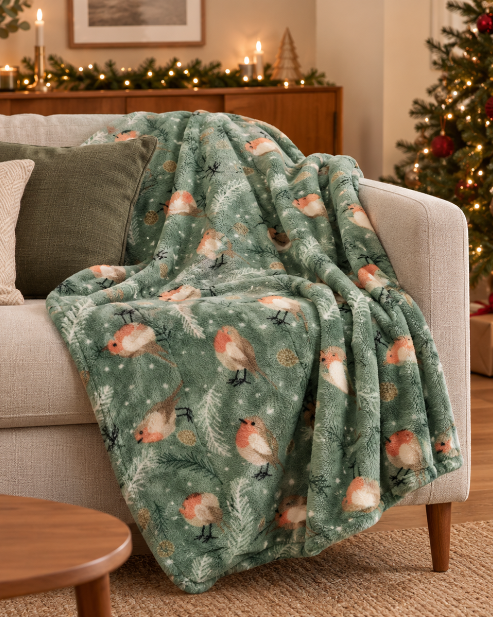 Luxury Flannel Throw 120x150cm Christmas Robin