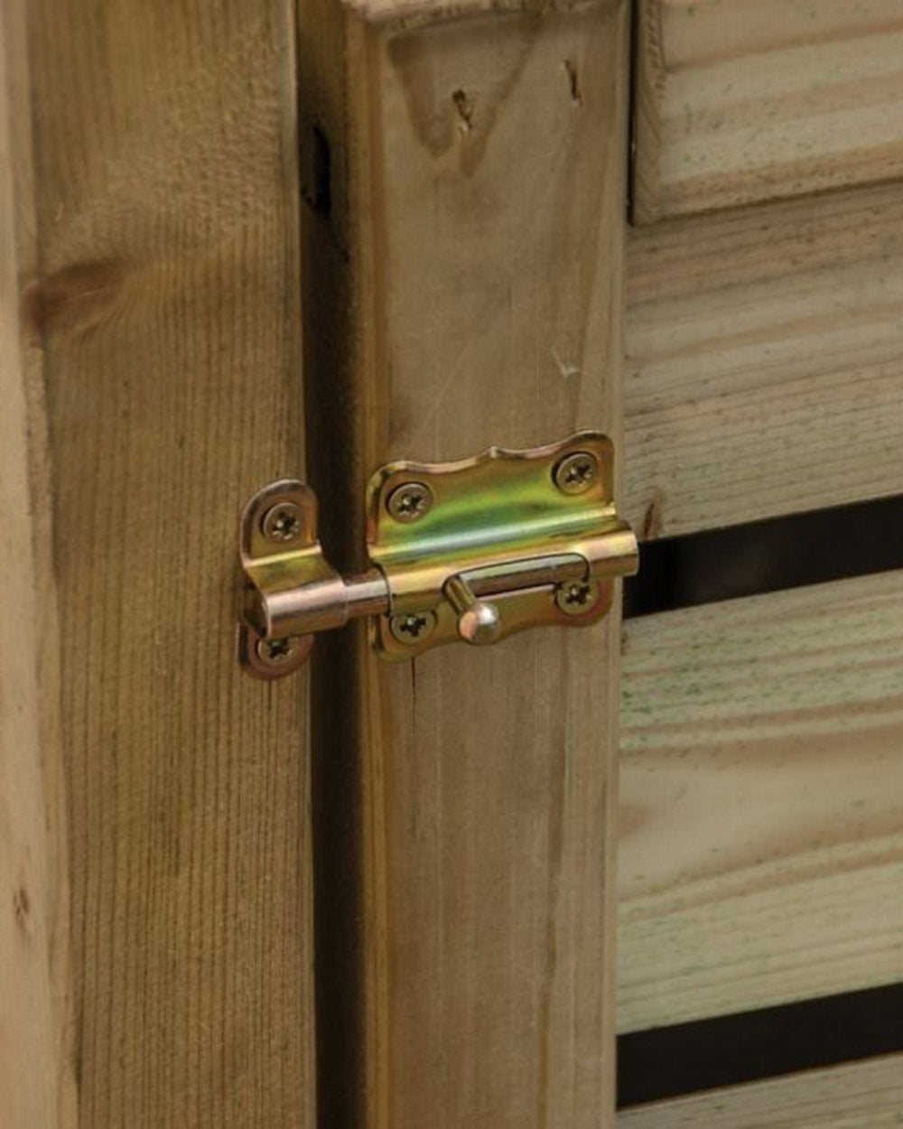 Rowlinson box store, garden storage shed. Close up of the sliding lock mechanism