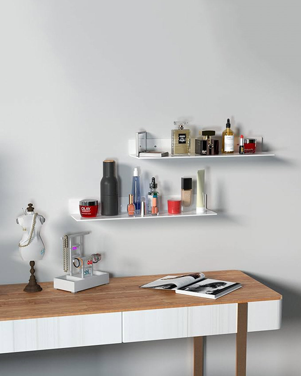 Wall Mounted Acrylic Storage Shelves 60cm Pack 2 White